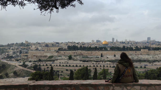 Eappi-tarkkailija istuu kiviaidan reunalla ja katselee Jerusalemin siluettia. Taustalla näkyy Kalliomoskeija.