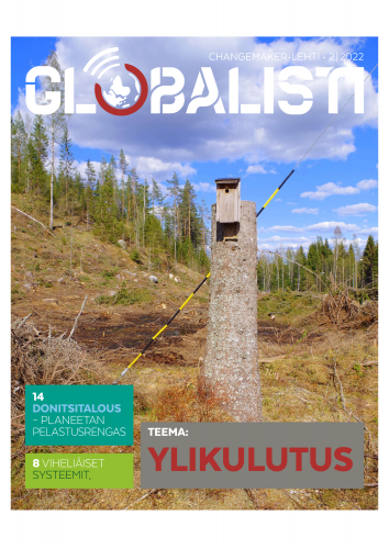 Globalisti-lehden kansi. Kuvassa avohakkuuaukea, jossa seisoo yksi puun tynkä, jossa on linnunpönttö.