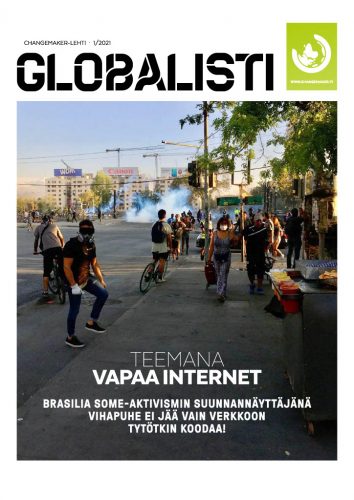 Globalistin numeron 1/2021 kansi. Kannessa kuva Brasiliassa tapahtuvasta mellakasta, sekä teksti teemana vapaa internet.