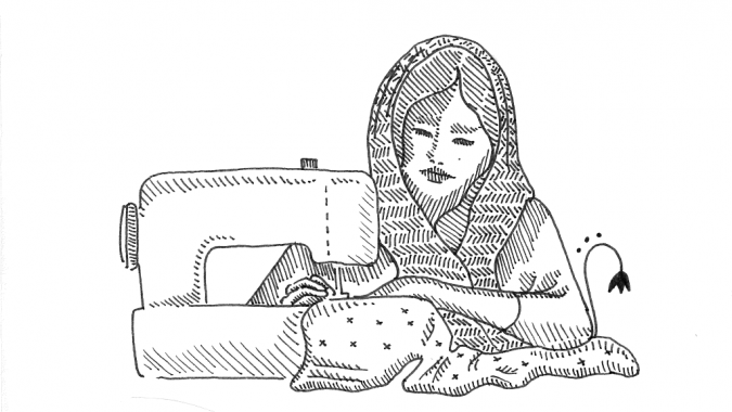 Piirroskuva: nainen ja ompelukone