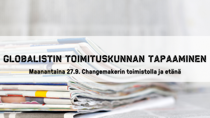 Kasa lehtiä, joiden päällä teksti "Globalistin toimituskunnan tapaaminen".