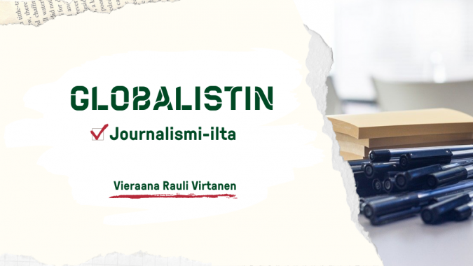 Globalistin journalismi-lta: vieraana Rauli Virtanen. Kuvassa muistilappuja ja kyniä pöydällä.