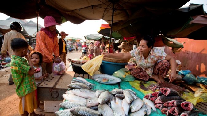 Nainen myy torilla kalaa Kambodžassa