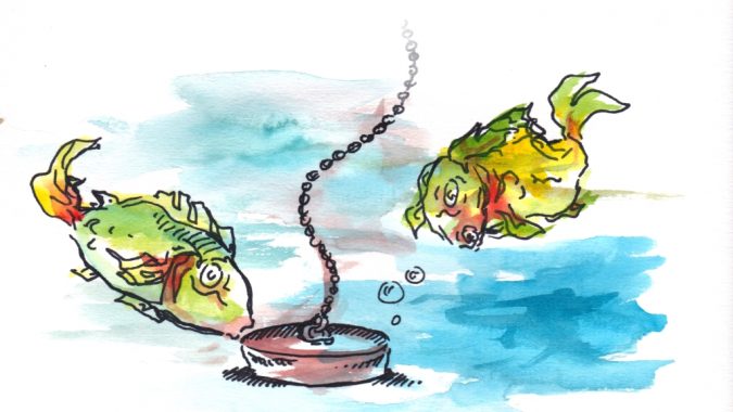 Vesivärimaalaus: Kaksi kalaa tulpan luona