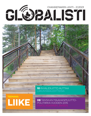 Globalisti-lehden kansikuva. Kannessa urheiluun tarkoitetut portaat.