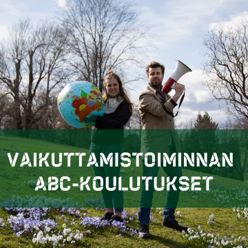 Kaksi Changemaker-vapaaehtoista, joilla on käsissään maapallo ja megafoni. Tekstilaatikossa lukee vaikuttamistoiminnan abc-koulutukset.
